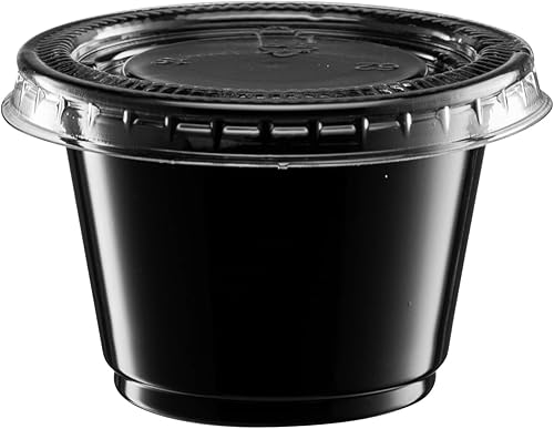 Miniatura 42 de {1 oz – 100 juegos} Vasos de plástico sumergibles negros con tapas, pequeños recipientes para control de porciones, chupitos de gelatina