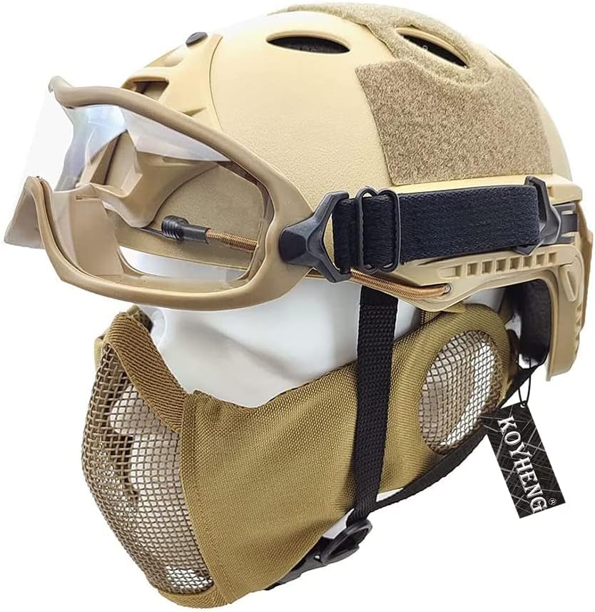 Tactical PJ Type Airsoft Fast Helmet and Foldable Half-Face Mesh Ear Protection Mask with Goggles Full Face Protection Set