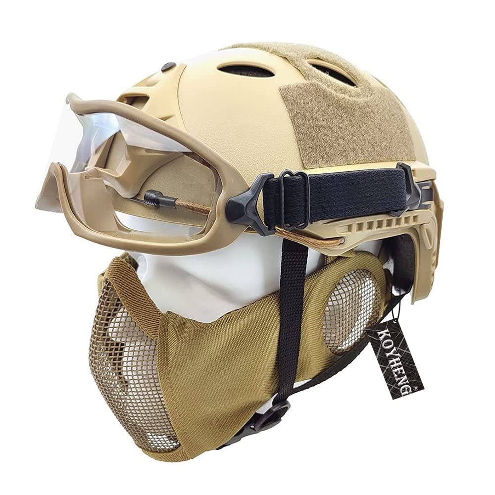 Tactique Airsoft Fast Casque et Masque de Protection des Oreilles en Maille Demi-Visage Pliable avec Lunettes de Protection Complète du Visage