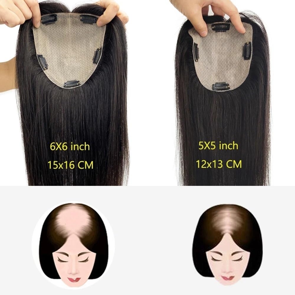 Haarteile, 25,4–61 cm lang, Echthaar-Toupet, 12 x 13 cm, Haarteil mit Seidenbasis, Mittelscheitel, glattes Haar-Toupet für Frauen mit dünner werdendem HAA(Dunkelbraun - 24 Zoll