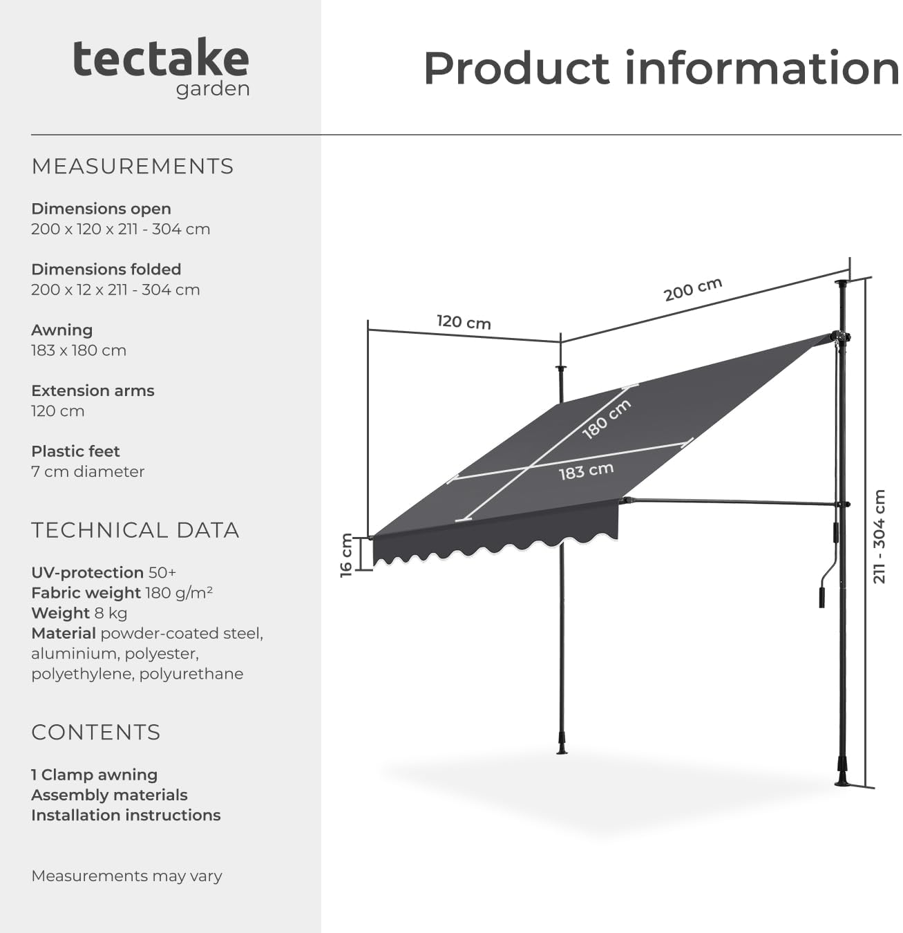 Diagram showing product information, measurements, and contents of the TecTake awning package