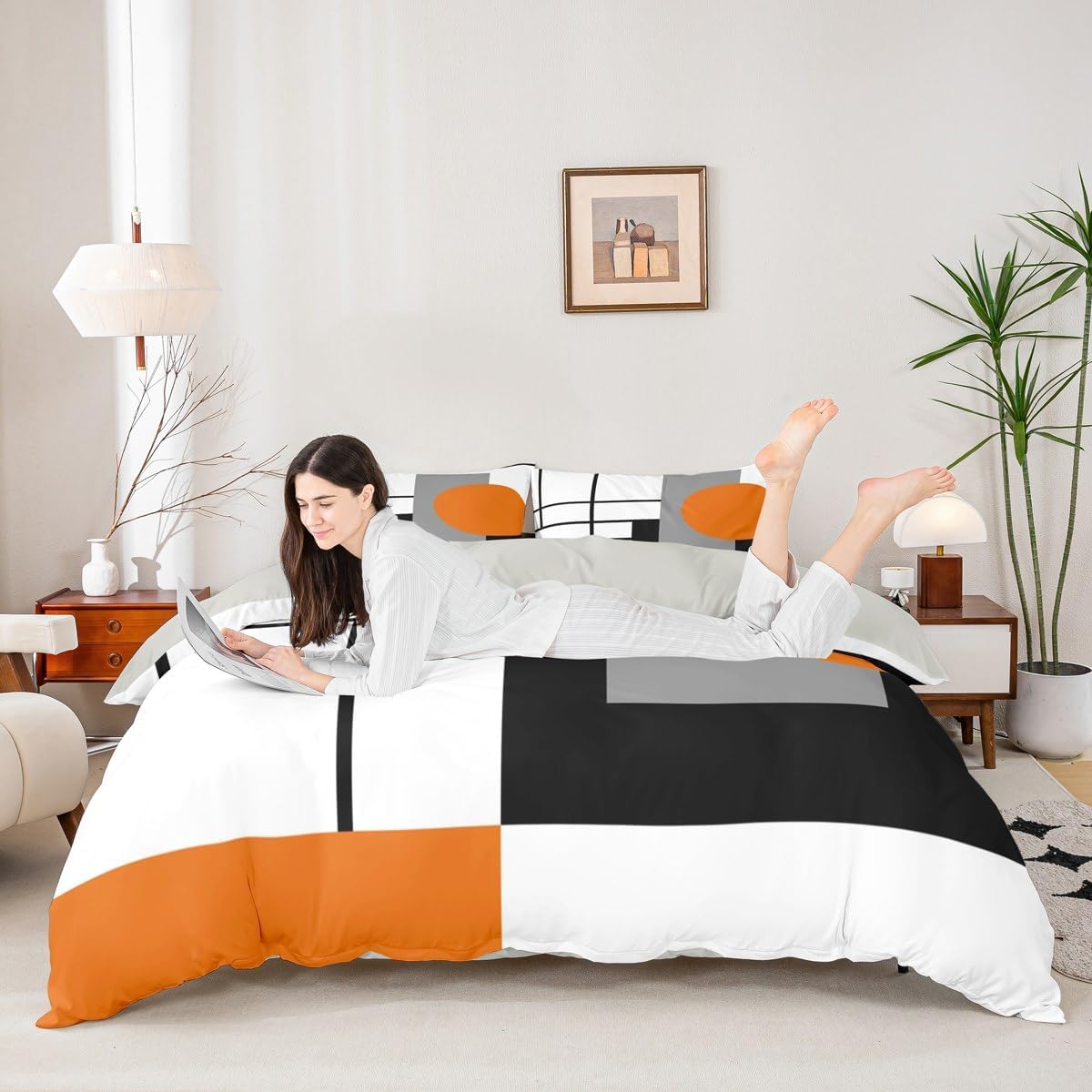 Erosebridal White Black Orange Striped Duvet Cover Full Size Boho Modern Geometric Abstract Comforter Cover Stripes Lines Bedding Set Minimalist Square and Circle Bed Set