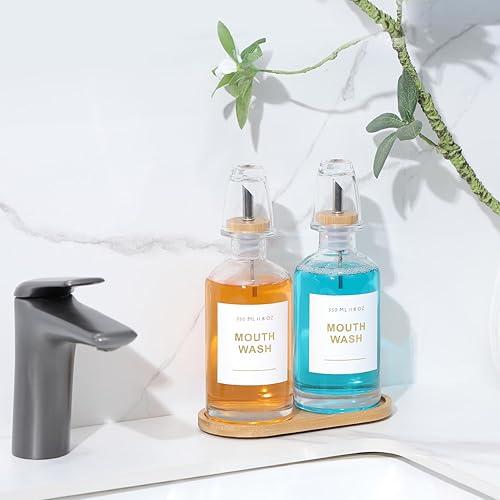 11.8OZ Glass Mouthwash Dispenser for Bathroom with Stainless Steel & Bamboo Nozzle, Mouthwash Cup Reusable, Bamboo Tray, and Elegant Gold Sticker.（Clear(Clear/350*2)