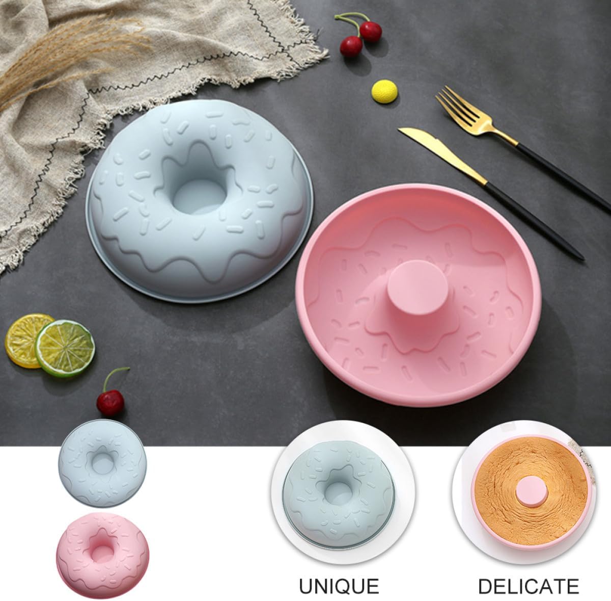 2pcs DIY Silicone Donut Mold Baking Tray Set, Non-stick Heat Resistant Doughnut Pans for Home Kitchen Dessert Baking, Pink and Blue