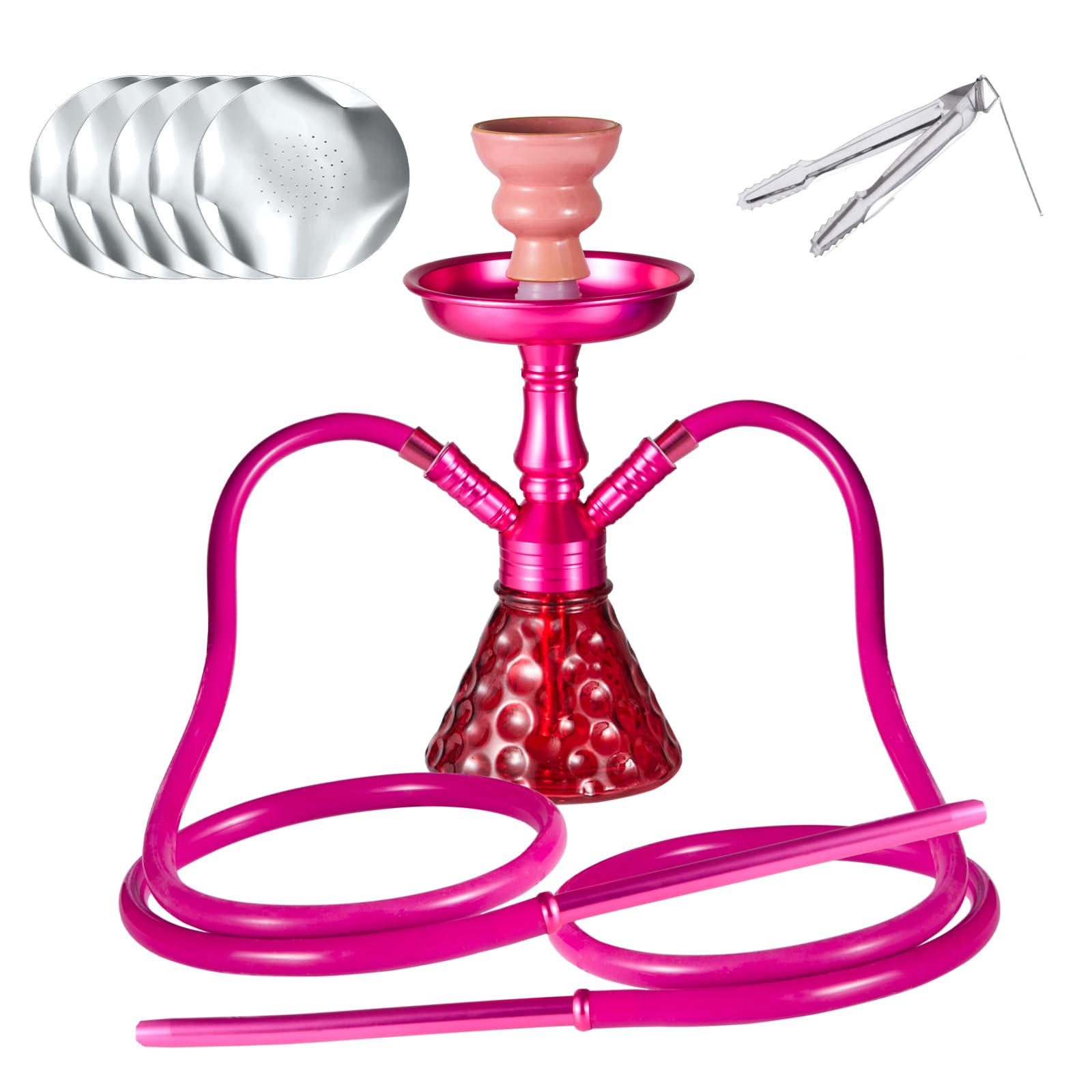 Hookah Set with everthing - GRENAOH 12" Premium Small Shisha Hookahs Complete Set include Aluminum Alloy Stem Big Ceramic Bowl 2 Silicone Hoses (pink)