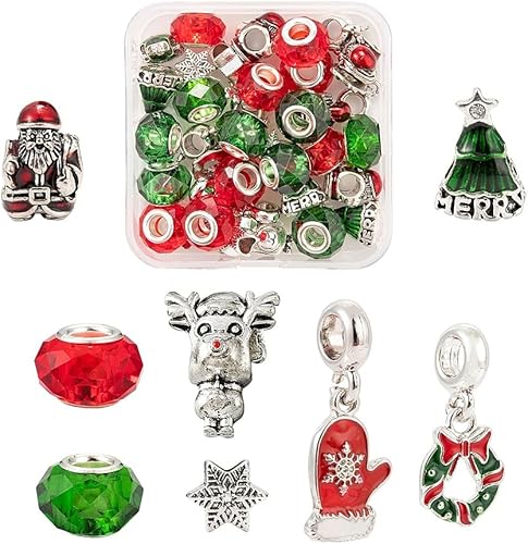 KISSITTY Juego de 36 cuentas europeas de Navidad de 4 a 0.197 in, cuentas de aleación y vidrio con agujero grande, cuentas de Rondelle facetadas