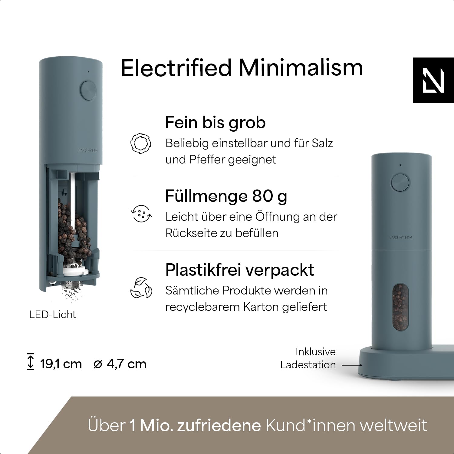 LARS NYSØM Salz und Pfeffermühlen Elektrisch Set I Keramikmahlwerk fein bis grob I USB Wiederaufladbar mit Ladestation I Automatische Salz und Pfefferstreuer I Gewürzmühlen Set (Stone Blue)