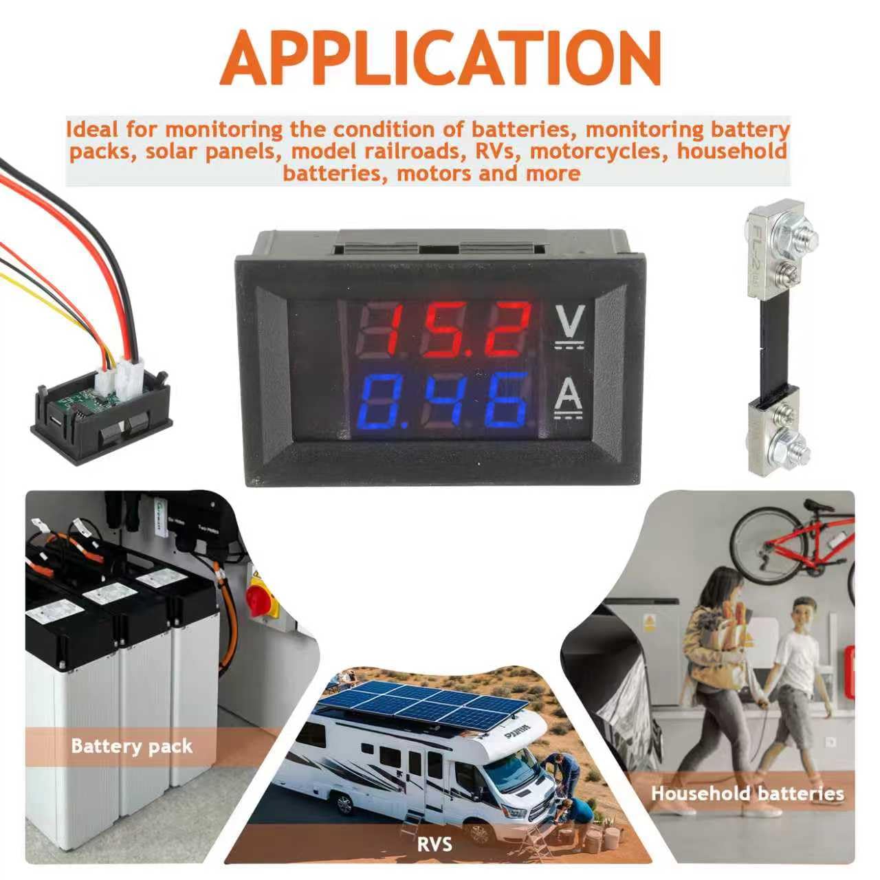 100A DC 0-100 V Amperometro digitale a LED da 0,28" Voltmetro con shunt, rivelatore rosso misuratore di corrente