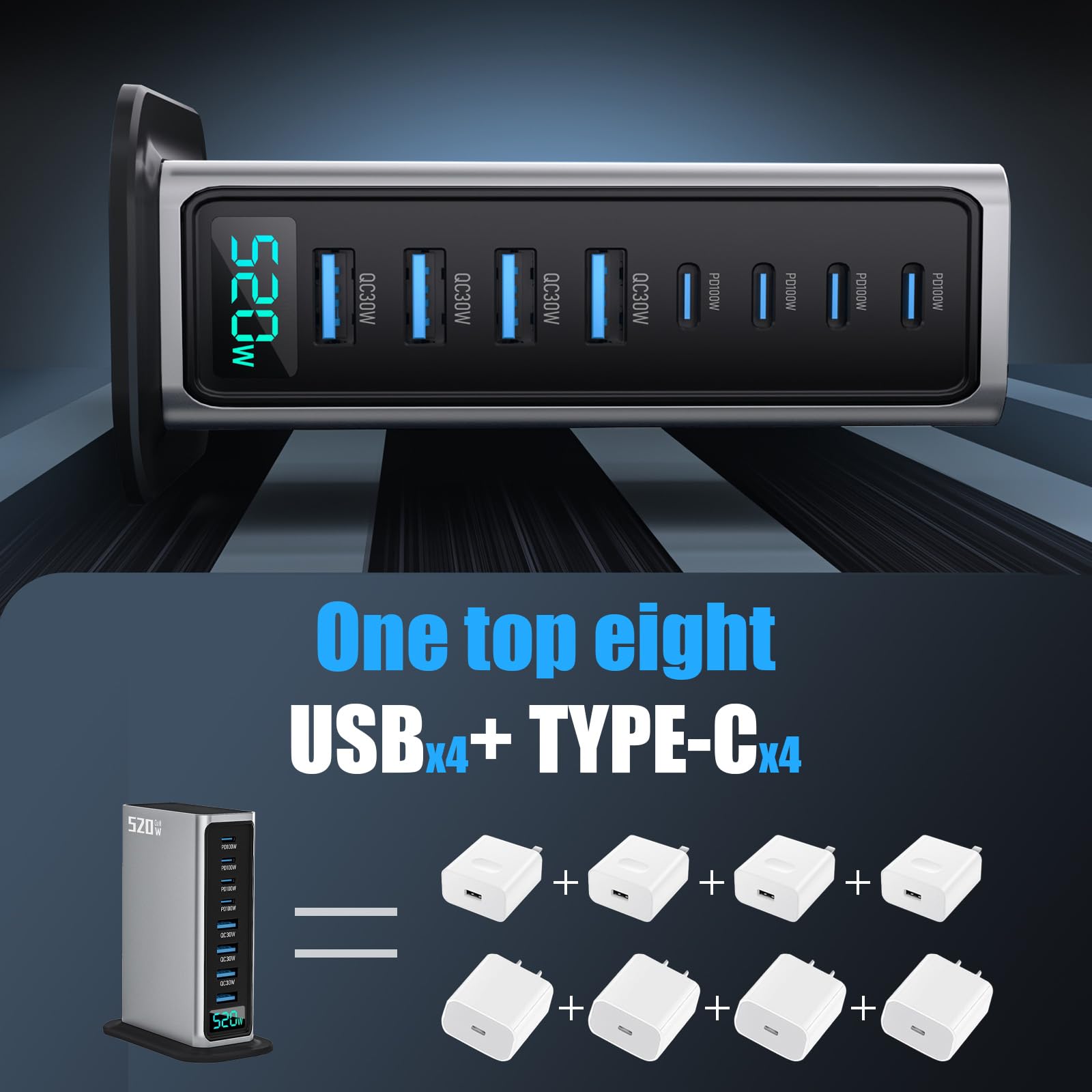 Szybka ładowarka USB, 520 W, USB C, z wyświetlaczem cyfrowym, 8 portów USB, stacja ładująca z GAN III i PD 3.0, stacja szybkiego ładowania z 4 USB C i 4 USB A do telefonu, tabletów, laptopów (520 W)