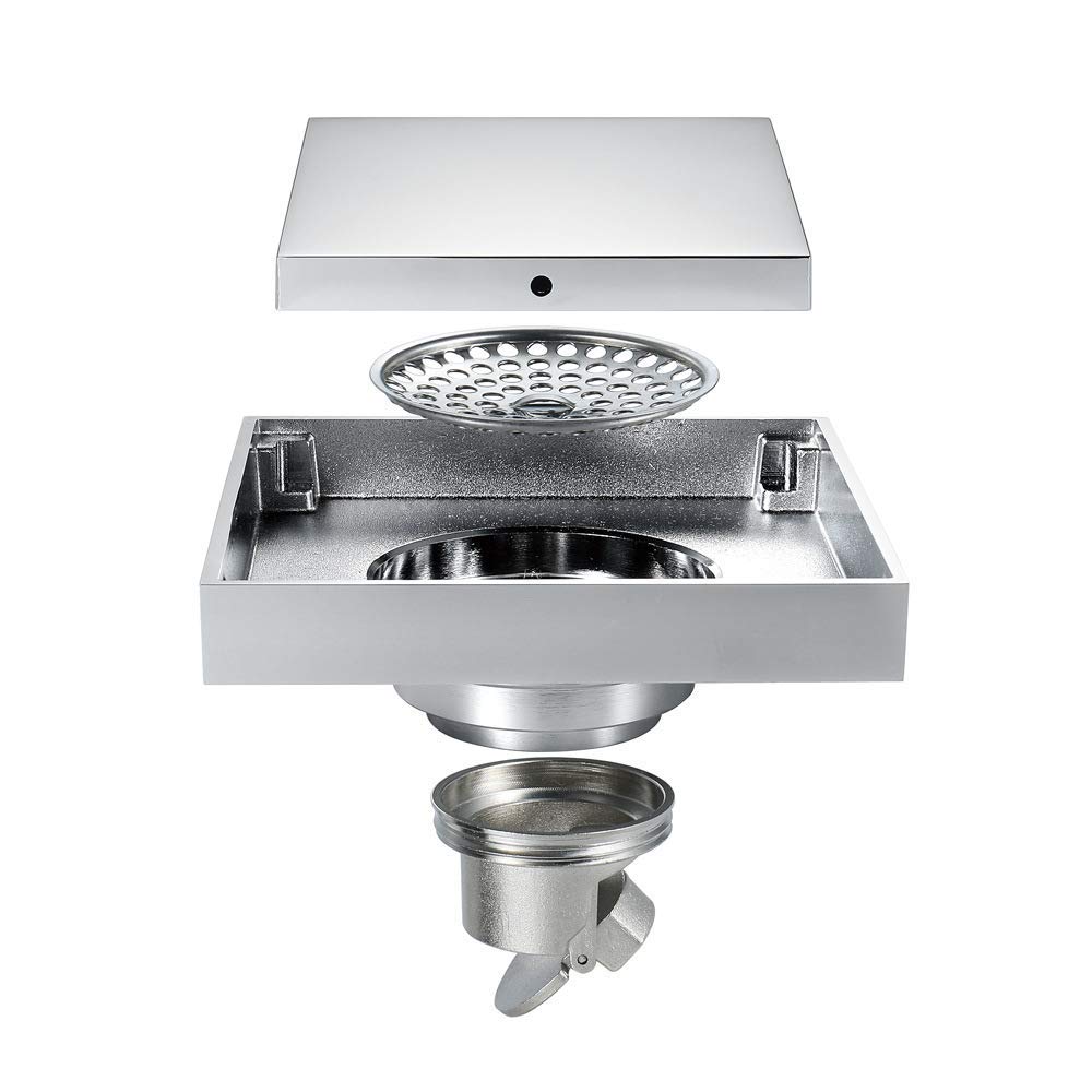 Drain de douche carré 4,7 pouces en laiton chromé avec sa grille amovible de protection