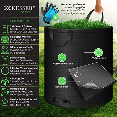 KESSER® Gartensack 3X 272L Set Laubsack Gartenabfallsack inkl. Handschuhe - Selbststehend 4 Griffe Stabil Robust & Faltbar - Laubsäcke Rasenschnitt Gartensäcke für Gartenabfälle Grünschnitt Schwarz