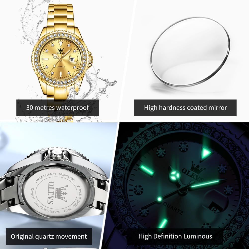 OLEVS Damen-Armbanduhr, Diamantkleid, Quarz, analog, weibliche Uhren, Edelstahl, zweifarbig, wasserdicht, Leuchtend, Tag und Datum, Geschenk