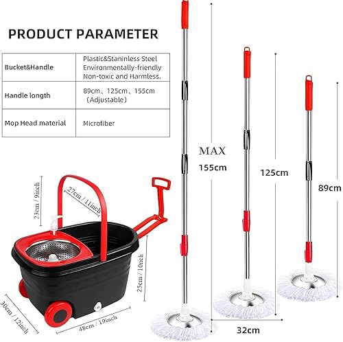 Miniatura 7 de Juego de trapeador y cubo con escurridor  Sistema de limpieza de suelo giratorio de 360 en ruedas, 3 repuestos de fregona de microfibra para una