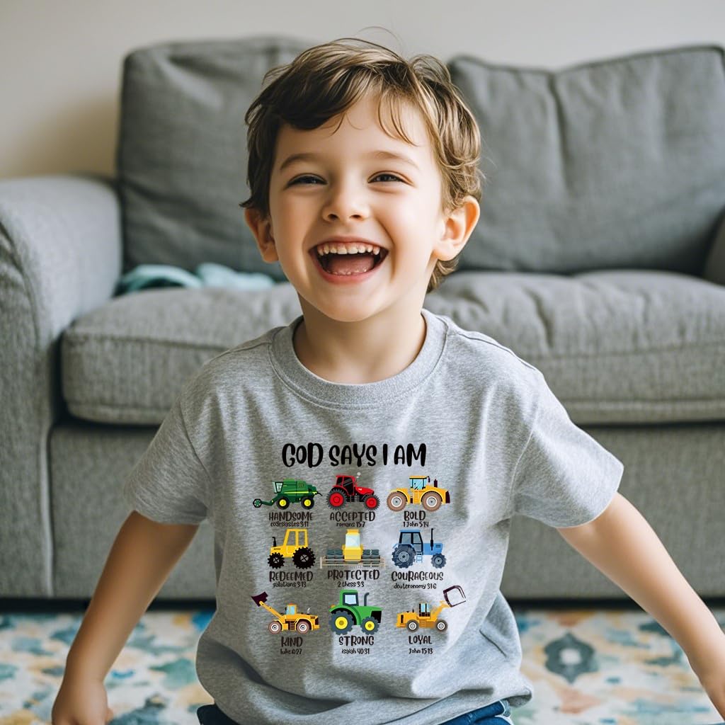 Kids Toddler Little Boys T-Shirt God Says I Am Construction Bible Verse Truck Excavator Tractor Shirt 2-7 Years