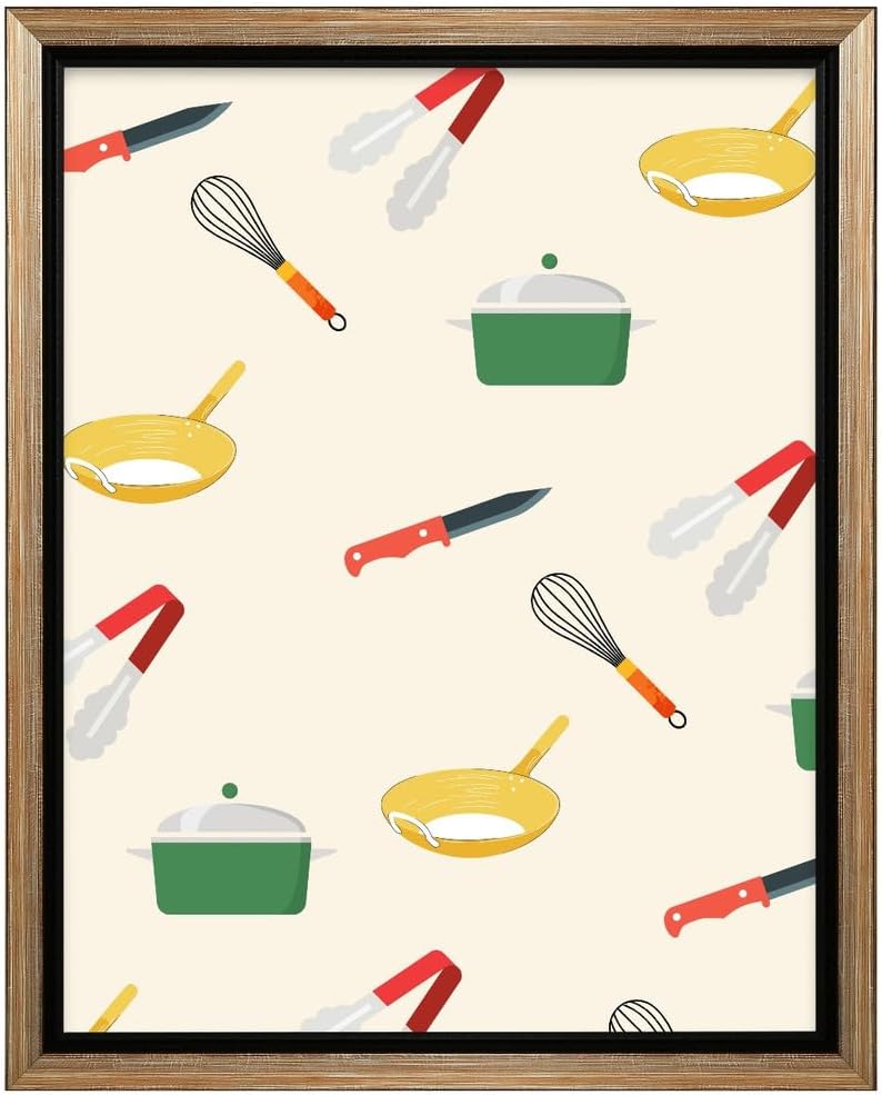 InkFlow Posters Illustration Canvas Poster - Playful Kitchen Tools Wall Art with Whisk, Knife, Pan and Pot Icons, Retro Culinary Pattern Artwork for Kitchen - 16x20 Silver Floated Frame Canvas Print