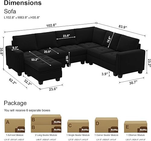 Miniatura 2 de Belffin Sofá modular de terciopelo con almacenamiento otomano de 6 plazas en forma de L, sofá modular modular con diván reversible, sofá seccional