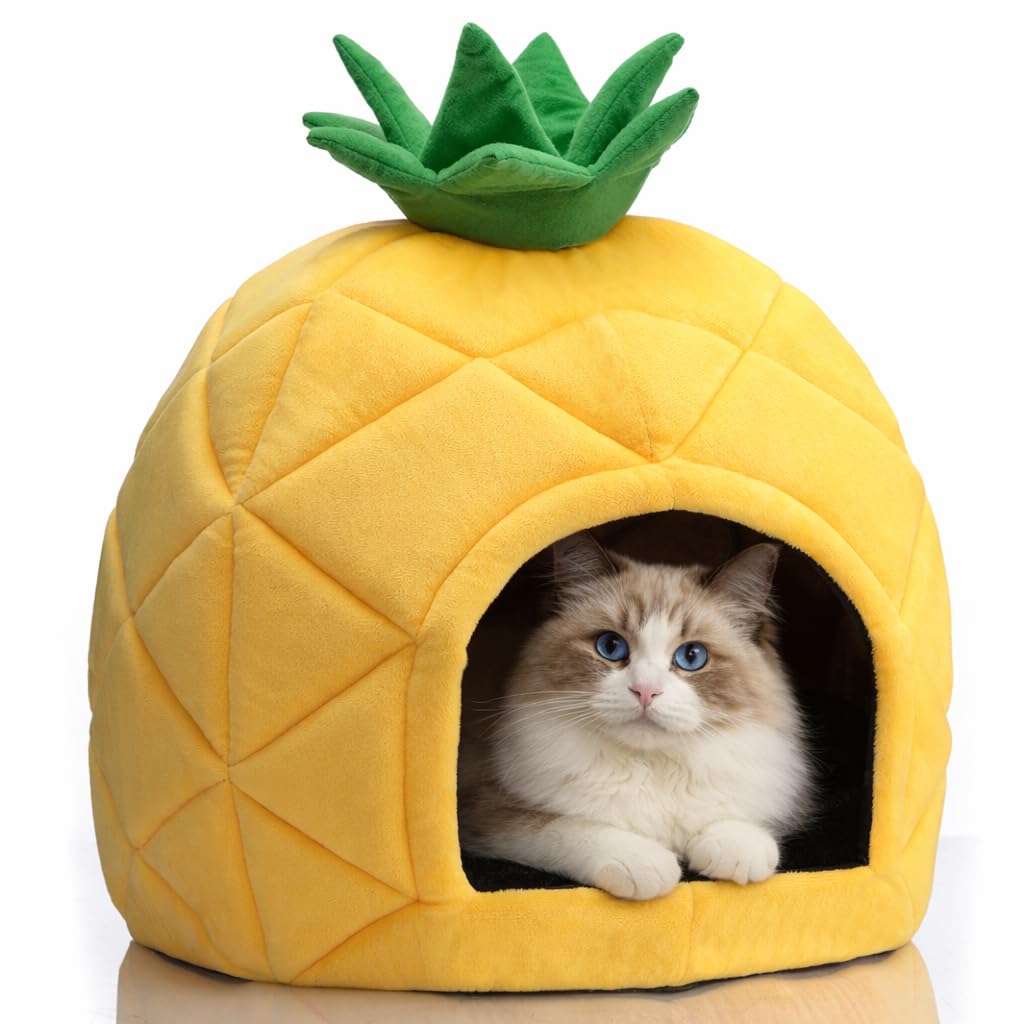 Hollypet Cozy Pet Bed, Warm Cave Nest Sleeping Bed Pineapple Shape Puppy House for Cats and Small Dogs, Yellow