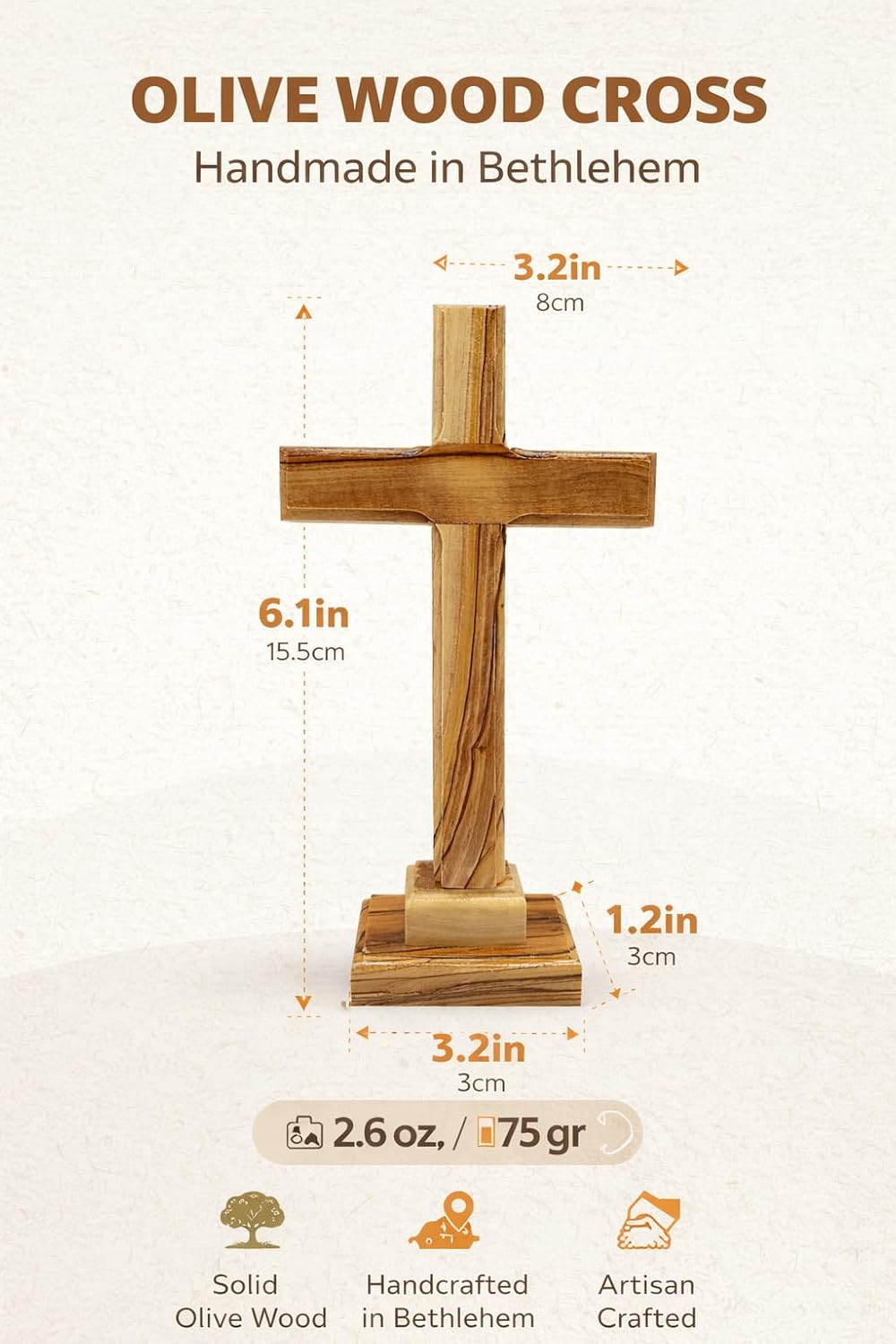 Zuluf Olive Wood Standing Cross 6 Inch Nightstand Bedside Desk Keepsake, Hand Carved in Bethlehem Christian Gift with Base, Small Latin Tabletop Devotional Faith Decor