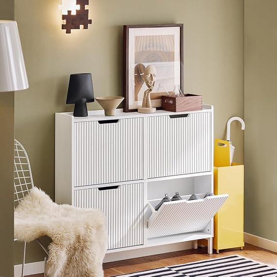 SoBuy Shoe Cabinet with 4 Drawers | Narrow Shoe Storage Organizer for Entryway, Thin Free Standing Shoe Rack Porch Front Door, White FSR177-L-W