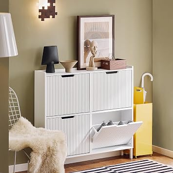 SoBuy Shoe Cabinet with 4 Drawers | Narrow Shoe Storage Organizer for Entryway, Thin Free Standing Shoe Rack Porch Front Door, White FSR177-L-W