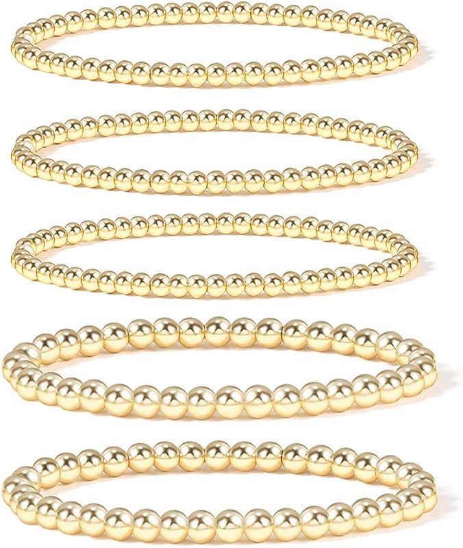 Badu Pulsera de cuentas con placa de oro para mujer, pulsera de bolas chapada en oro de 14 quilates, elástica, hipoalergénica, bohemia, apilable