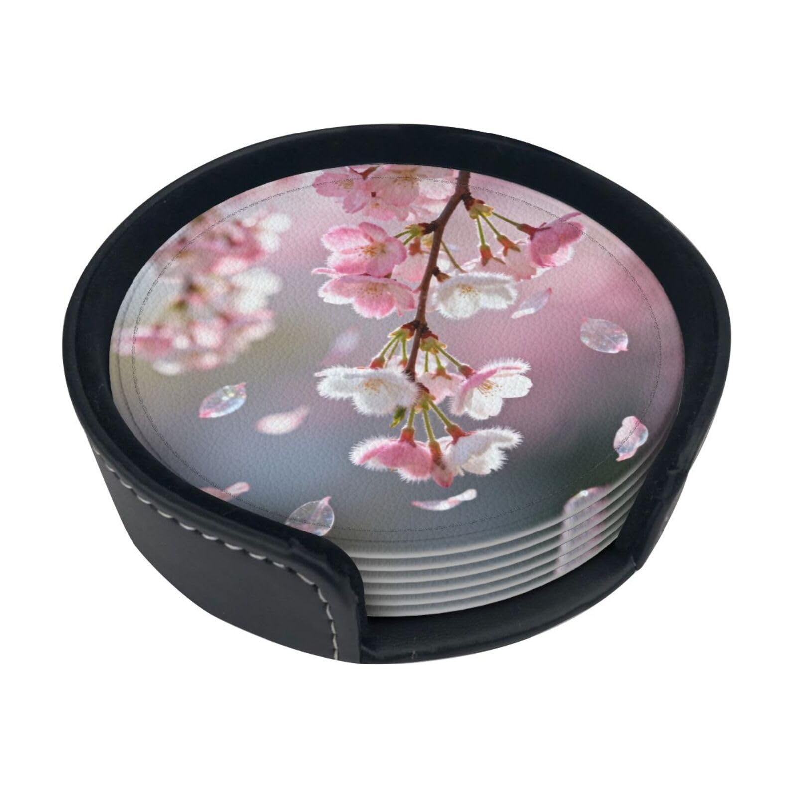 Cntdbu White Cherry Blossom Fall Leather Coasters Set Of 6-Pu Leather Drink Mats For Table, Heat Resistant Round Coasters With Holder