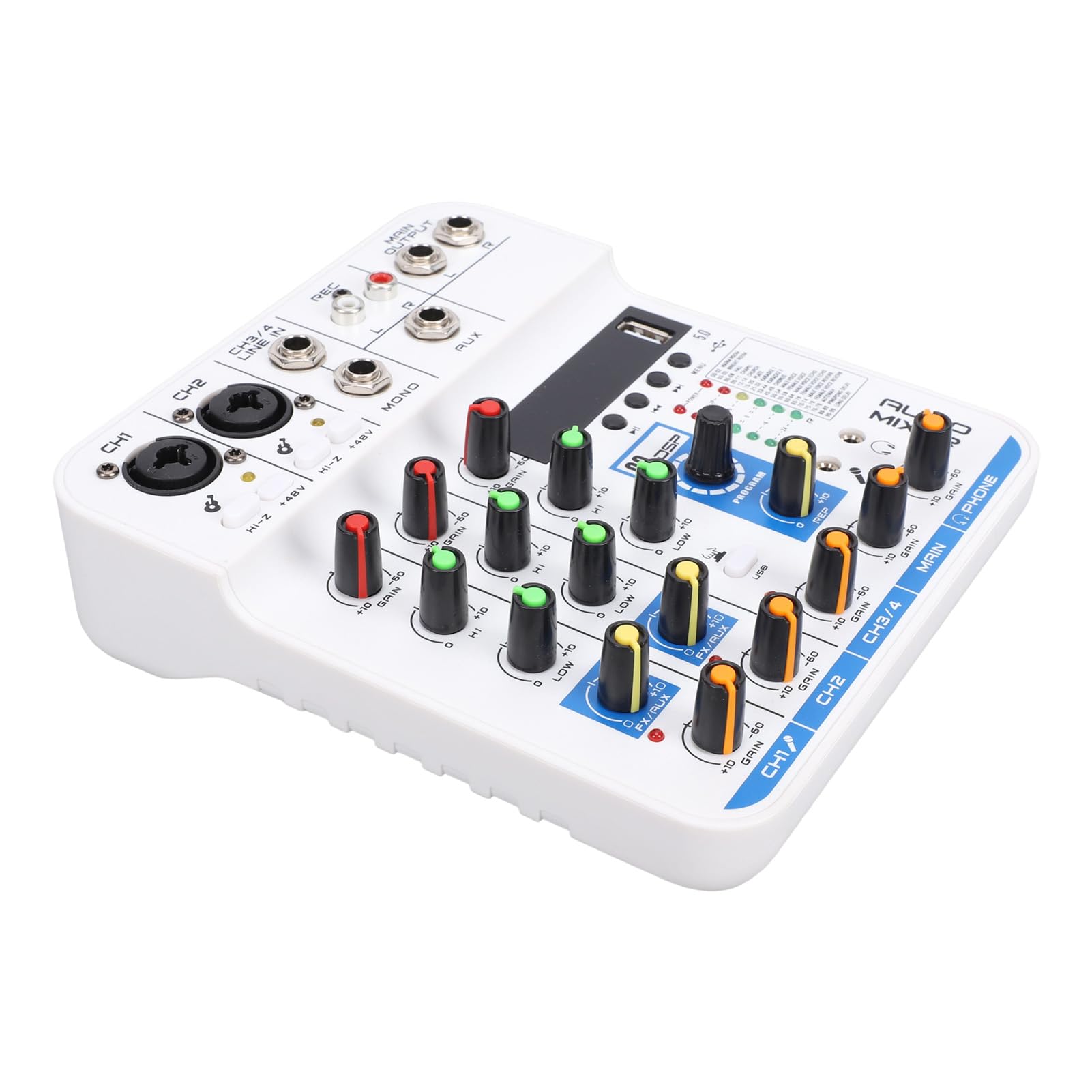 Mixer Audio a 4 Bluetooth DSP Digital Reverb Scheda Audio Mixer DJ con Ingresso USB MP3 XLR 6,35 Mm 3,5 Mm, Alimentazione Phantom 48 V per Streaming Live, Registrazione Karaoke e PC (WHITE)