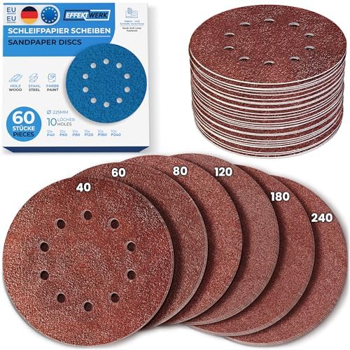 EFFEKTWERK Schleifpapier 225mm Klett - 60 Stück - Profi Schleifscheiben für Trockenbauschleifer Schleifgiraffe Langhalsschleifer - 10 Loch - rund - mit Körnung 10x P40 P60 P80 P120 P180 P240