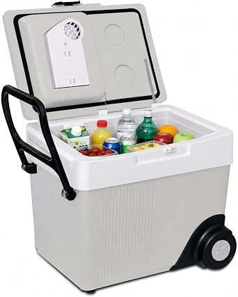 Koolatron Electric Portable Cooler Plug in 12V Car Cooler/Warmer 33 qt 31 L w/Wheels No Ice Thermo Electric portable Fridge for camping Travel Road Trips with 12 Volt DC Power Cord Gray/White.