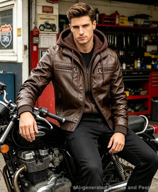 Image of INVACHI Men's Faux Leather Motorcycle Bomber Jacket with Removable Hood