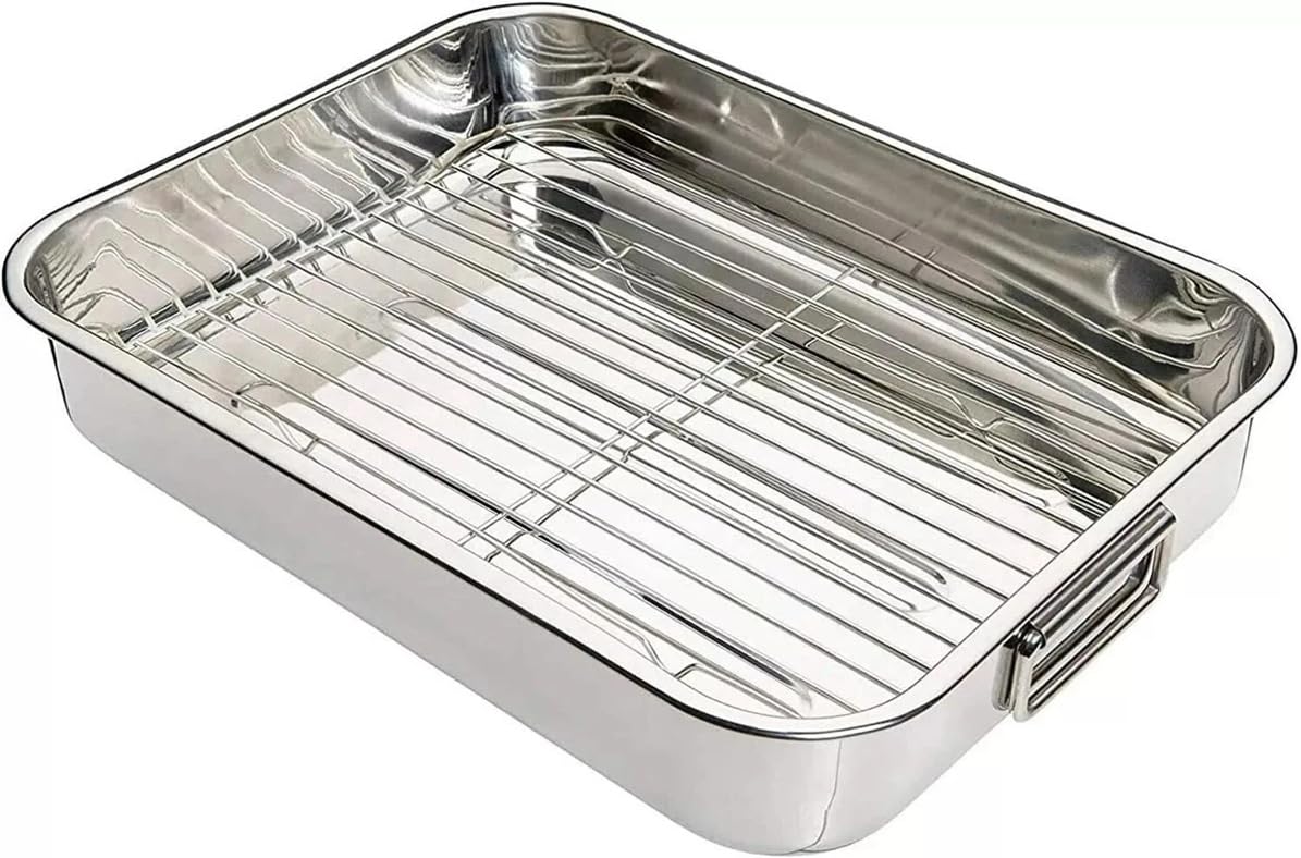 Nobel -Stainless Steel Deep Baking Pan, Roasting Tray, with Rack (Pan with Rack 40 x 30 x 6cm.)