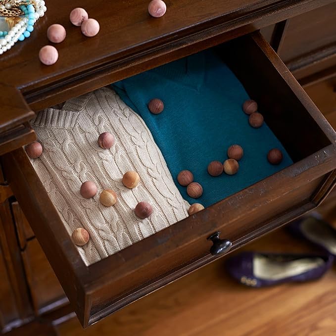 Image of Cedar Balls for Clothes Storage Aromatic Scent Balls for Closets Kitchen and Drawers Freshener Balls for Pest Control Mothball Fragrant Wood Ball with Rose Fragrance Insect Repellent (15)
