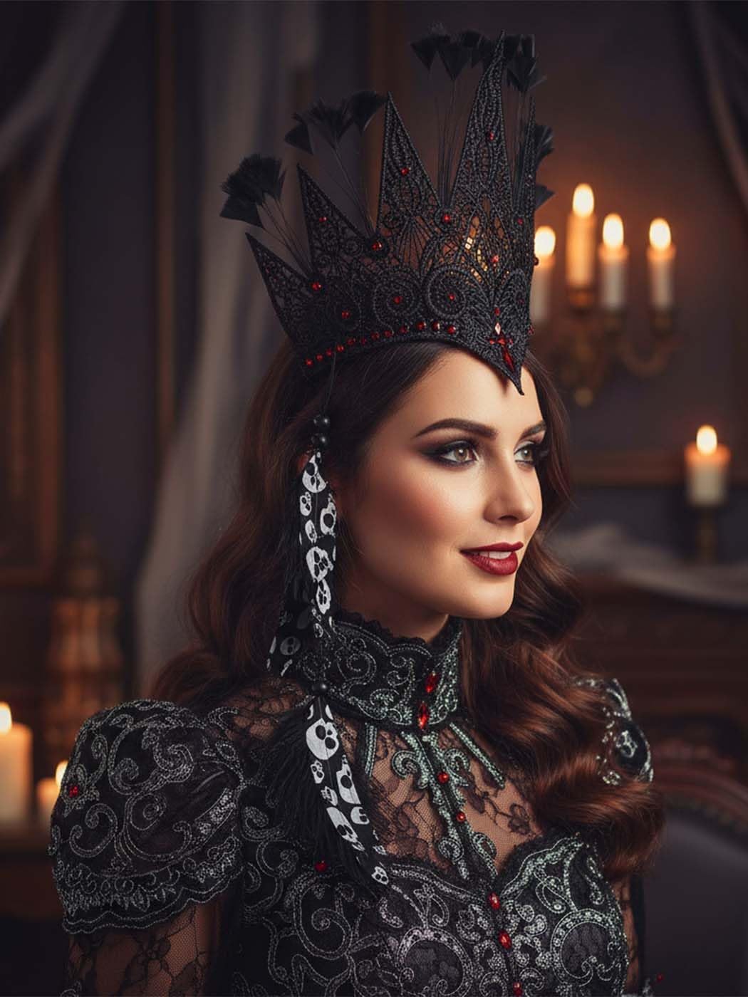 Urieo Gothic Lace Crown Headpiece with Skull Print Feathers, Black and Red Crystal Headband, Halloween Costume Accessory - Image 3