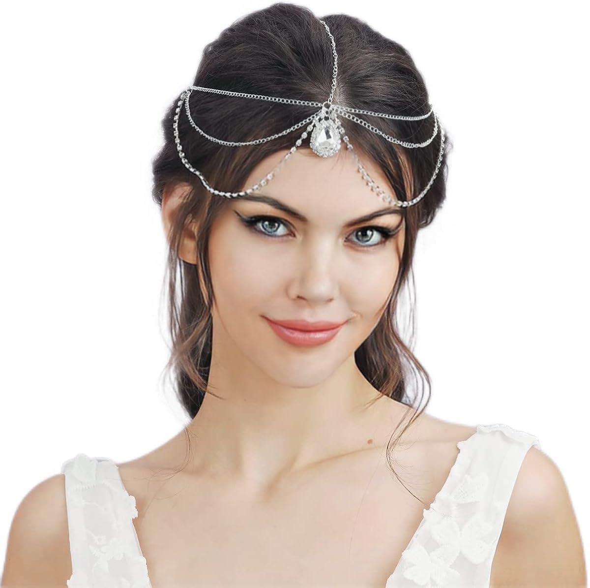 JOJO & LIN Diadema de cadena de cristal plateado para mujer, joyería para el cabello, cadena de frente, joyería de moda, diamantes de imitación,
