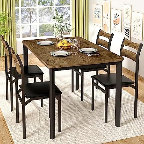 DKLGG Dining Table Set for 4, 43.3" Dining Room Table with 4 Upholstered PU Leather Chairs, Modern Wood Kitchen Table and Chairs Set, 5-Piece Dinette Set for Breakfast Nook, Small Places, Brown Cover