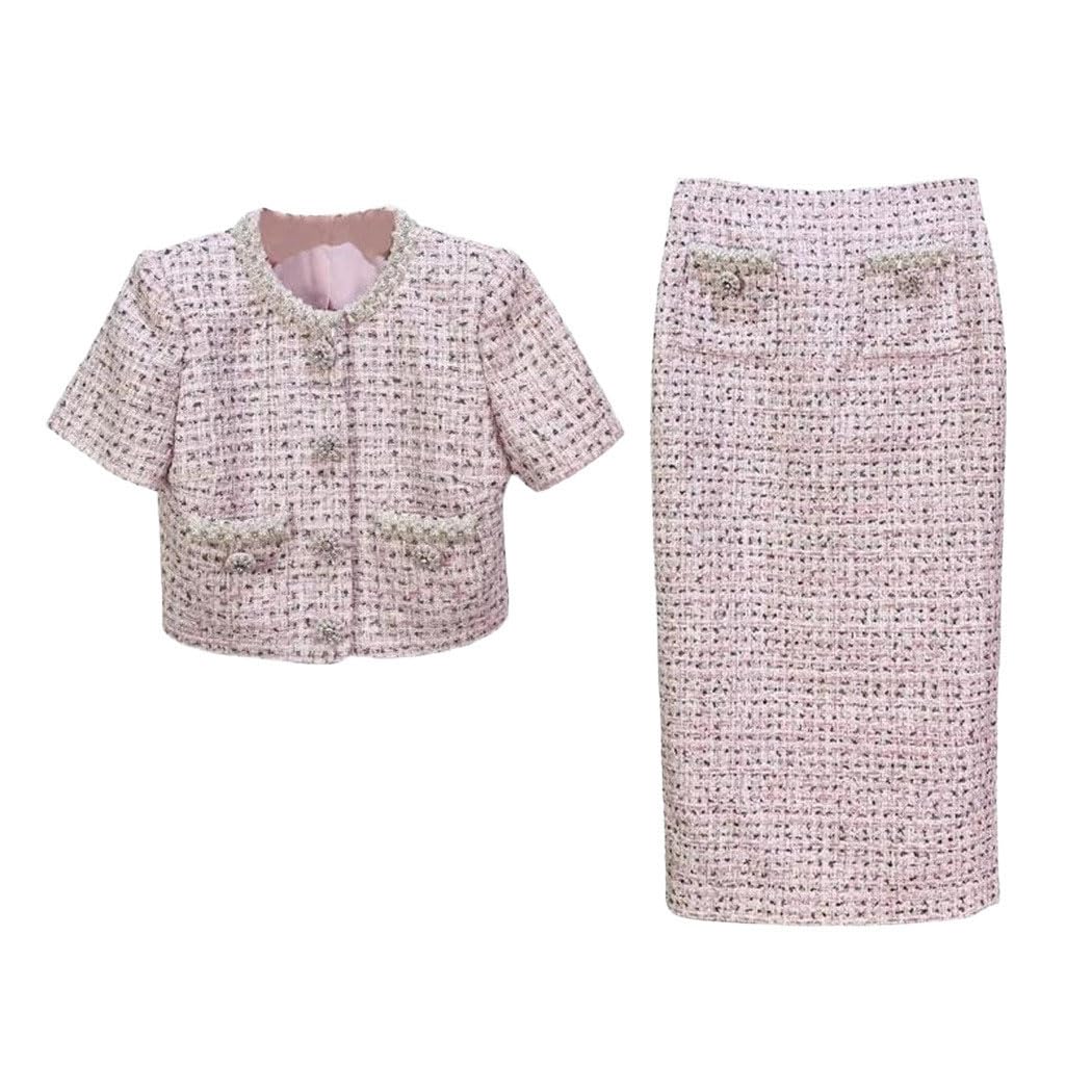 Women Tweed Blazer Suit Two Piece Set with Crystal Pearl Cropped Office Jacket and Midi Pencil Skirt