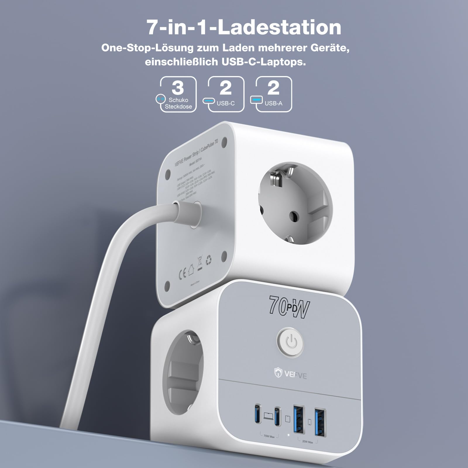 VEFVE Multiprise Cube 7 en 1 (Attention : Standard Allemand Schuko), Chargeur USB-C 70W GaN, 3 Prises (3680W) & 4 USB avec Interrupteur, Câble 3m, pour Laptops et Smartphones, Blanc