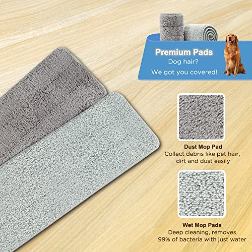 Cqt Commercial Flat Microfiber Floor Mop Cleaning System 24" Inch Wet Dry And Dust Hardwood With 4 Washable Pads Cleaner For Laminate Tile Stainless Steel Handle And Extension (Blue) #TOP5