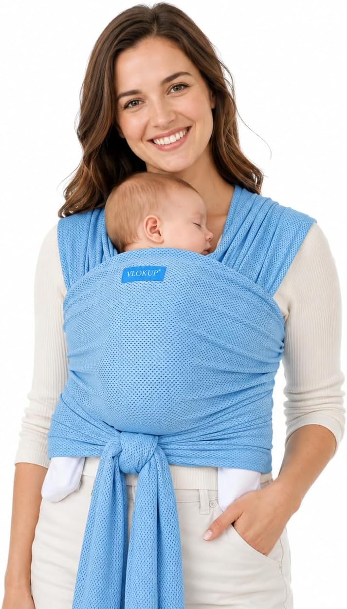 Breathable Mesh Baby Wrap Carrier for Infant and Toddler, Lightweight Quick Dry Baby Sling Wrap for Warm Weather, 5M Long x 0.5M Wide, Travel and Daily Babywearing, Lakeblue