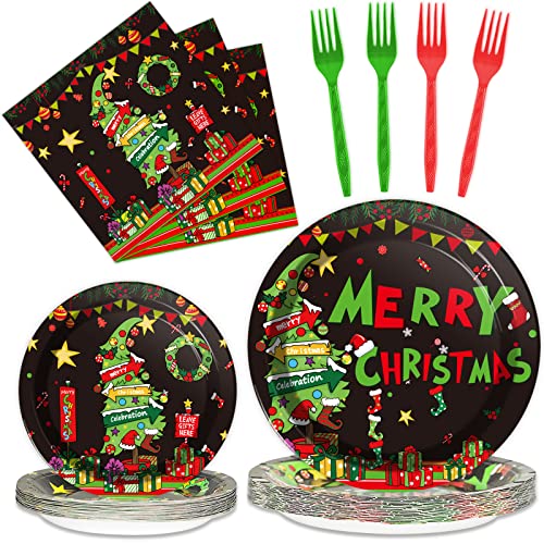 24 Guests Christmas Plates Napkins Set Merry Christmas Party Tableware Supplies Cartoon Theme Disposable Paper Dinner Dessert Plates Napkins for Holiday Xmas Events,96Pcs（Black)