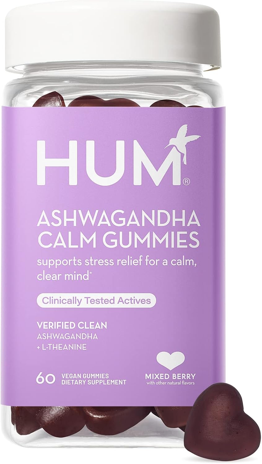 HUM Ashwagandha Calm- L-Theanine & Ashwagandha for Daily Relaxation & Mood Support - Mixed Berry Flavor (60 Vegan Gummies)