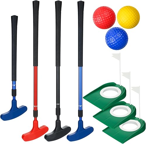 Liliful Juego de 3 putters de golf ajustables para diestros o zurdos con pelotas de práctica de golf de colores y agujeros de golf de plástico para