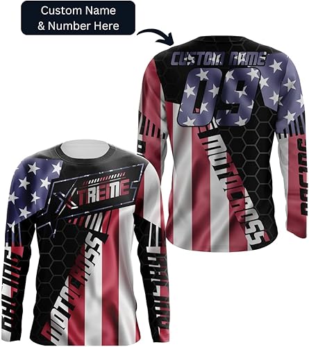Miniatura 9 de Camiseta de motocross con la bandera estadounidense UPF30+ personalizada patriótica para adultos y jóvenes
