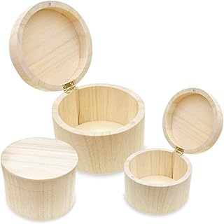 Craft Supply Wood Keepsake Stacking Boxes with Attached Hinged Lids -Unfinished Nesting Round Jewelry Cases- 3 Count