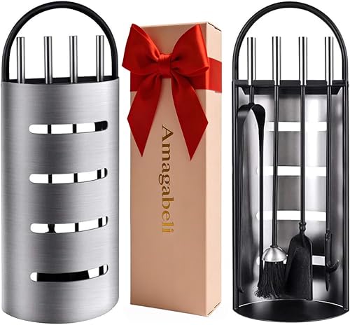 Amagabeli 5 Piece Fireside Companion Set Stainless Steel Fireplace Wood Burner Accessories Tools Sets Modern Indoor Poker Brush Shovel Tongs