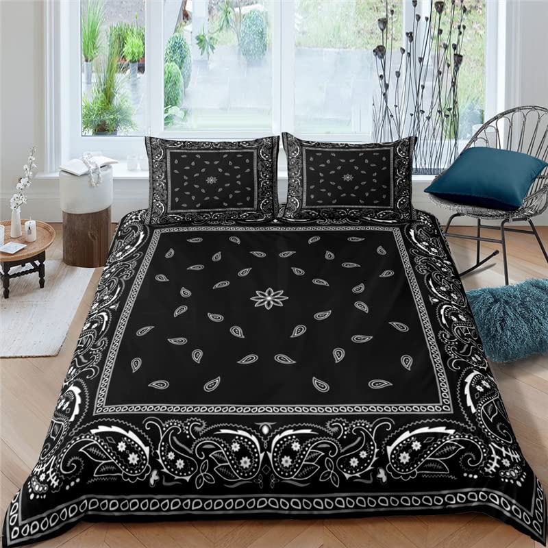 zcwl Black Bandana Bedding King Size Duvet Cover Set, Paisley Bandanas Room Decor 3 Piece - Super Soft Microfiber Patterned Comforter Cover with