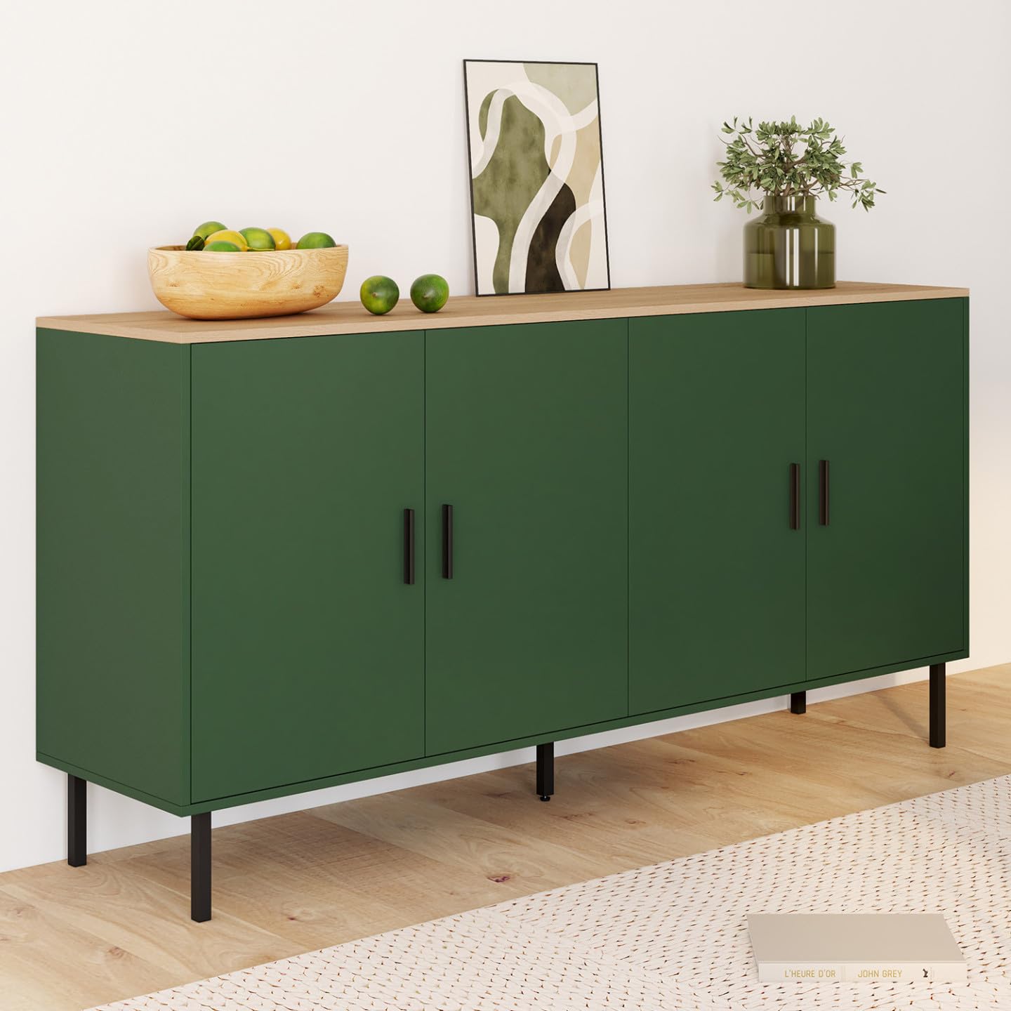 IDMarket - Buffet 160 cm KELIA 4 Portes Vert Kaki et Plateau Bois