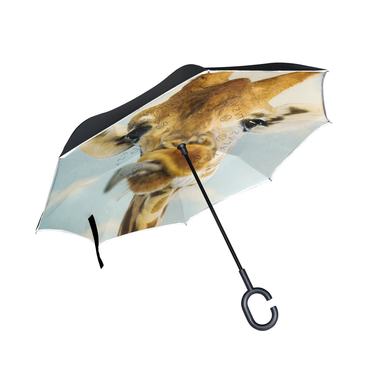 ALAZAStylish Cute Giraffe Face Windproof UV Proof Reverse Folding Umbrella, Double Layer Travel Inverted Umbrella with C Shape Handle for Car Use
