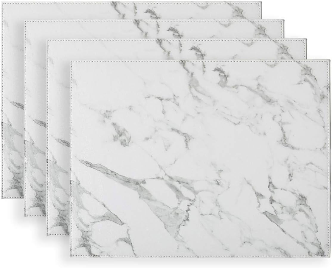Placemats Set of 4 Firm Faux Leather PU, 16"x12" Heat & Stain Resistant Easy to Clean (Marble)