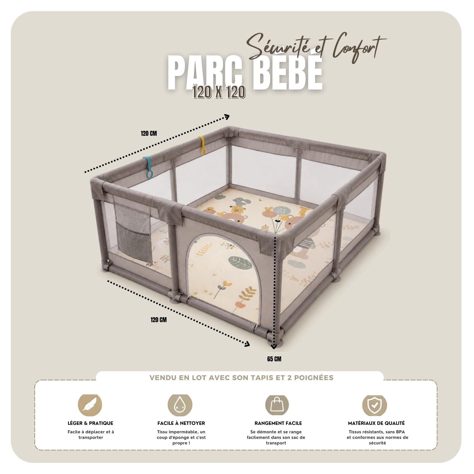 Parc Bébé 120x120cm - Tapis de sol inclus, Idéal Enfant & Bébé -Gris